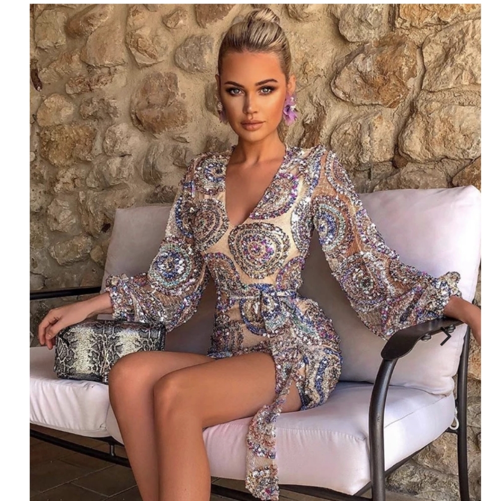 Embellished Sequin Plunge Belted Dress